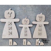 Load image into Gallery viewer, Primitive Pumpkin Scarecrow Wood Blanks – Set of 3 Fall DIY Craft Cutouts
