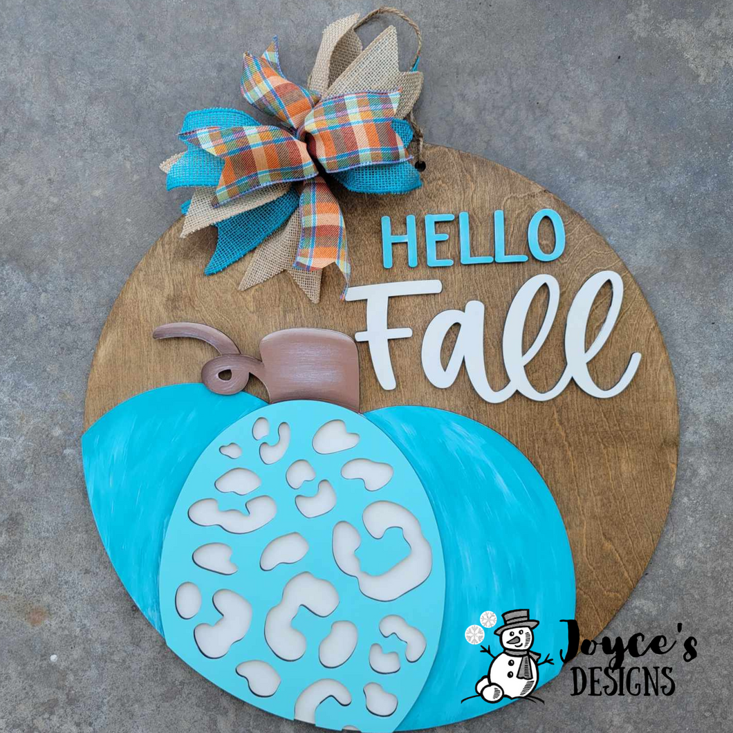 Hello Fall Leopard Print Pumpkin Doorhanger