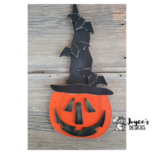 Load image into Gallery viewer, Spooky Jack-o’-Lantern Shelf Sitter with Witch Hat &amp; Bats
