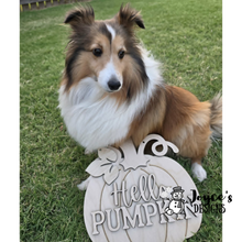 Load image into Gallery viewer, Hello Pumpkin Door Hanger Wood Blank | DIY Fall Door Hanger Kit | Unfinished Wood Craft | Autumn Porch Decor | Paint Your Own Sign
