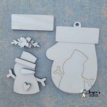 Load image into Gallery viewer, Mitten &amp; Snowman Wood Ornament with Holly Berries Accent
