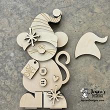 Load image into Gallery viewer, Christmas Mouse Shelf Sitter 5.5 x 10 | Unfinished Wood Christmas Craft Blank
