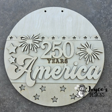 Load image into Gallery viewer, America 250th Anniversary 6" Round Shelf Sitter | Patriotic Tiered Tray Decor with Stand | USA 1776–2026 Americana Wood Sign
