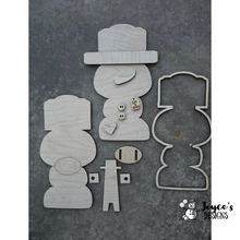 Load image into Gallery viewer, Wonky Stitched Snowman Shelf Sitter | 7.25x11.75 Rustic Primitive Christmas Decor | Farmhouse Holiday Wood Craft
