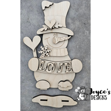 Load image into Gallery viewer, Valentine Snowman Shelf Sitter Wood Blank – Holding Heart Balloon &amp; Love Sign – Paintable 6.5x11 DIY Decor
