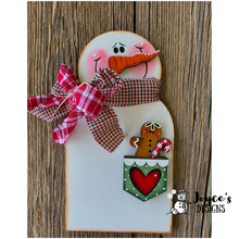 Load image into Gallery viewer, Snowman Pocket with Gingerbread Shelf Sitter | 5.5x10.25 Unfinished Wooden Winter Decor | DIY Paint Kit
