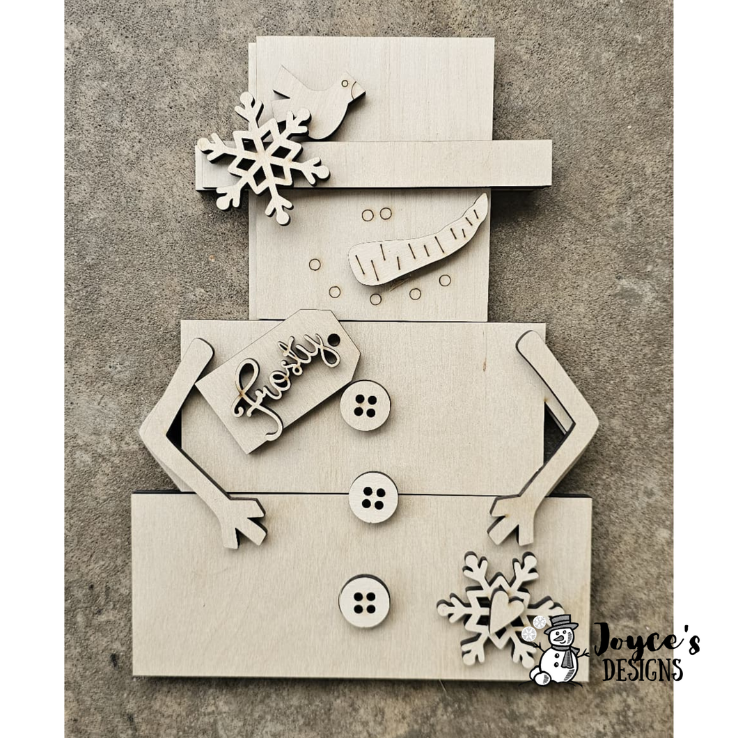 Frosty Block Snowman Shelf Sitter Wood Blank – 7″ × 9.5″ Rustic Winter Craft Sign