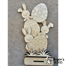 Load image into Gallery viewer, Peeking Easter Bunny Eggs Shelf Sitter | 6x11" Wood Cutout for Spring Decor
