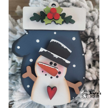 Load image into Gallery viewer, Mitten &amp; Snowman Wood Ornament with Holly Berries Accent
