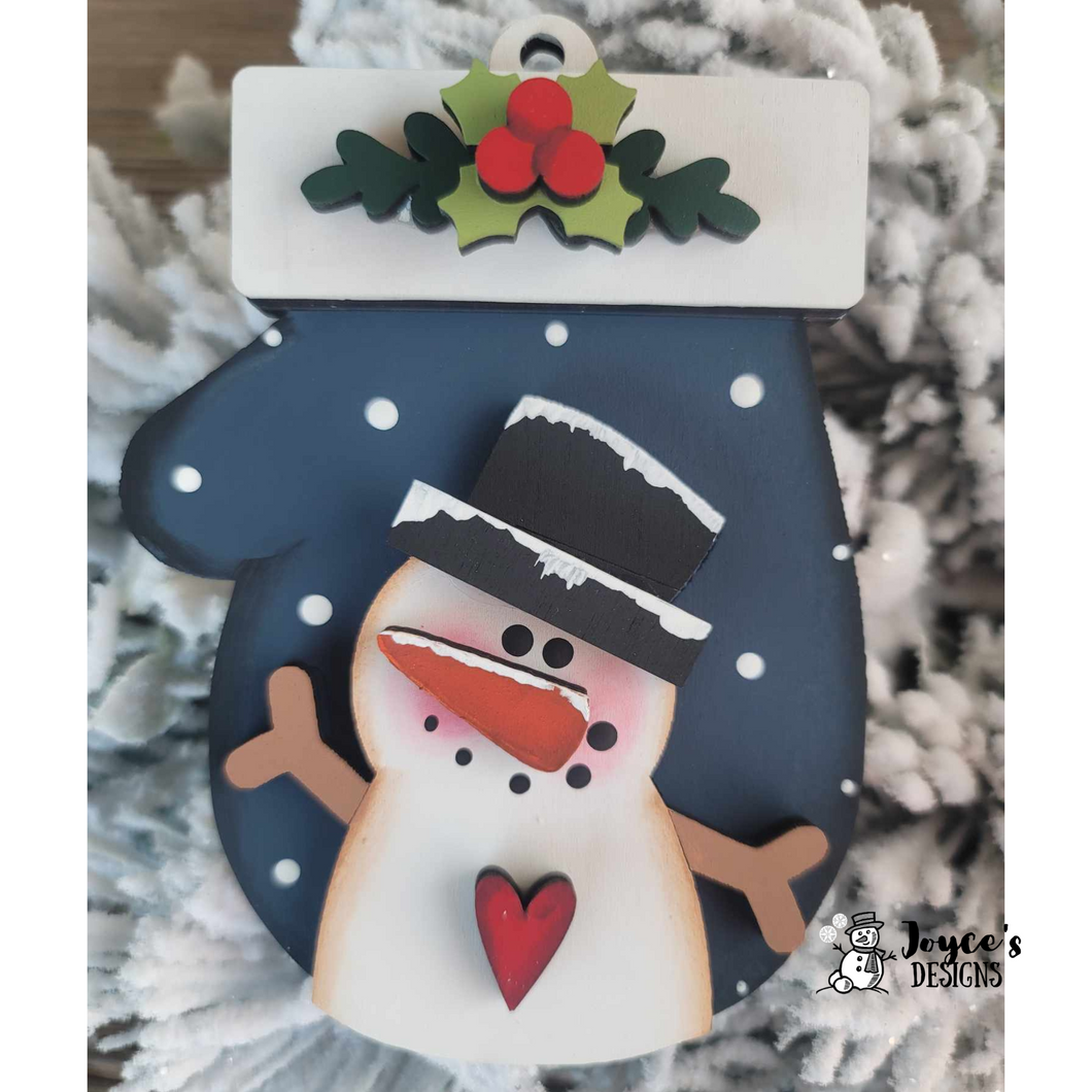 Mitten & Snowman Wood Ornament with Holly Berries Accent