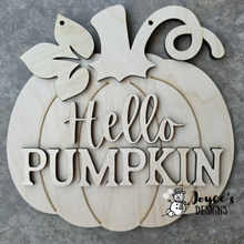 Load image into Gallery viewer, Hello Pumpkin Door Hanger Wood Blank | DIY Fall Door Hanger Kit | Unfinished Wood Craft | Autumn Porch Decor | Paint Your Own Sign
