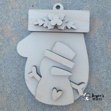 Load image into Gallery viewer, Mitten &amp; Snowman Wood Ornament with Holly Berries Accent
