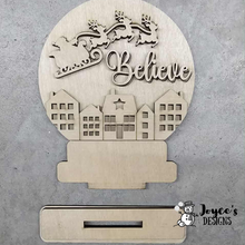 Load image into Gallery viewer, Santa “Believe” Snow Globe Shelf Sitter Wood Blank – Ready to Paint (4.75&quot; x 5.5&quot;)
