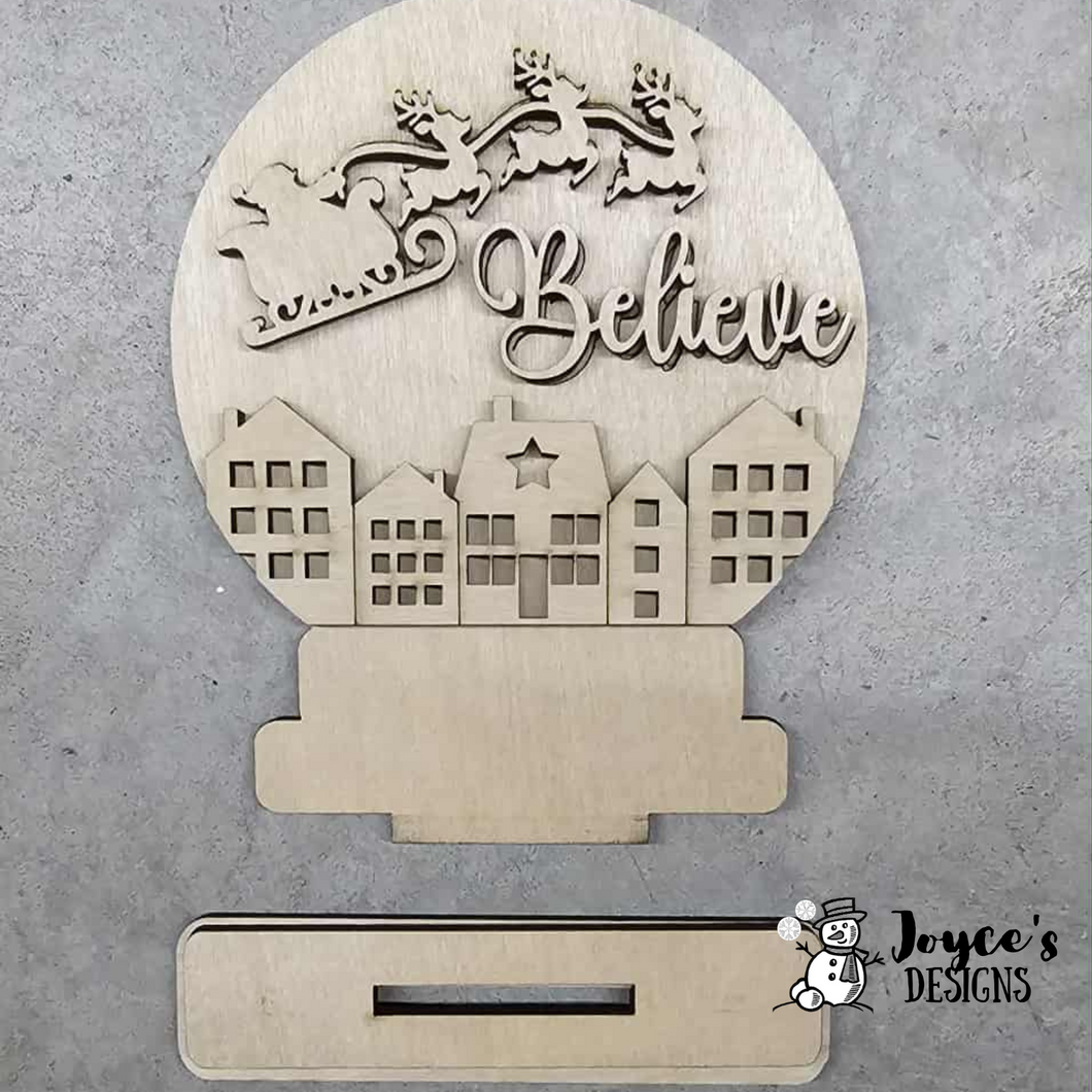 Santa “Believe” Snow Globe Shelf Sitter Wood Blank – Ready to Paint (4.75