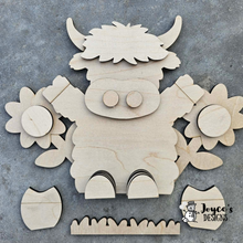 Load image into Gallery viewer, Highland Cow Shelf Sitter Wood Blank – Floral DIY Recipe Card Holder – Farmhouse Kitchen Gift
