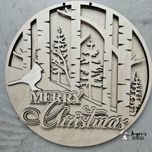 Load image into Gallery viewer, Merry Christmas Cardinal with Birch Trees doorhanger- 4 layer dimensional.
