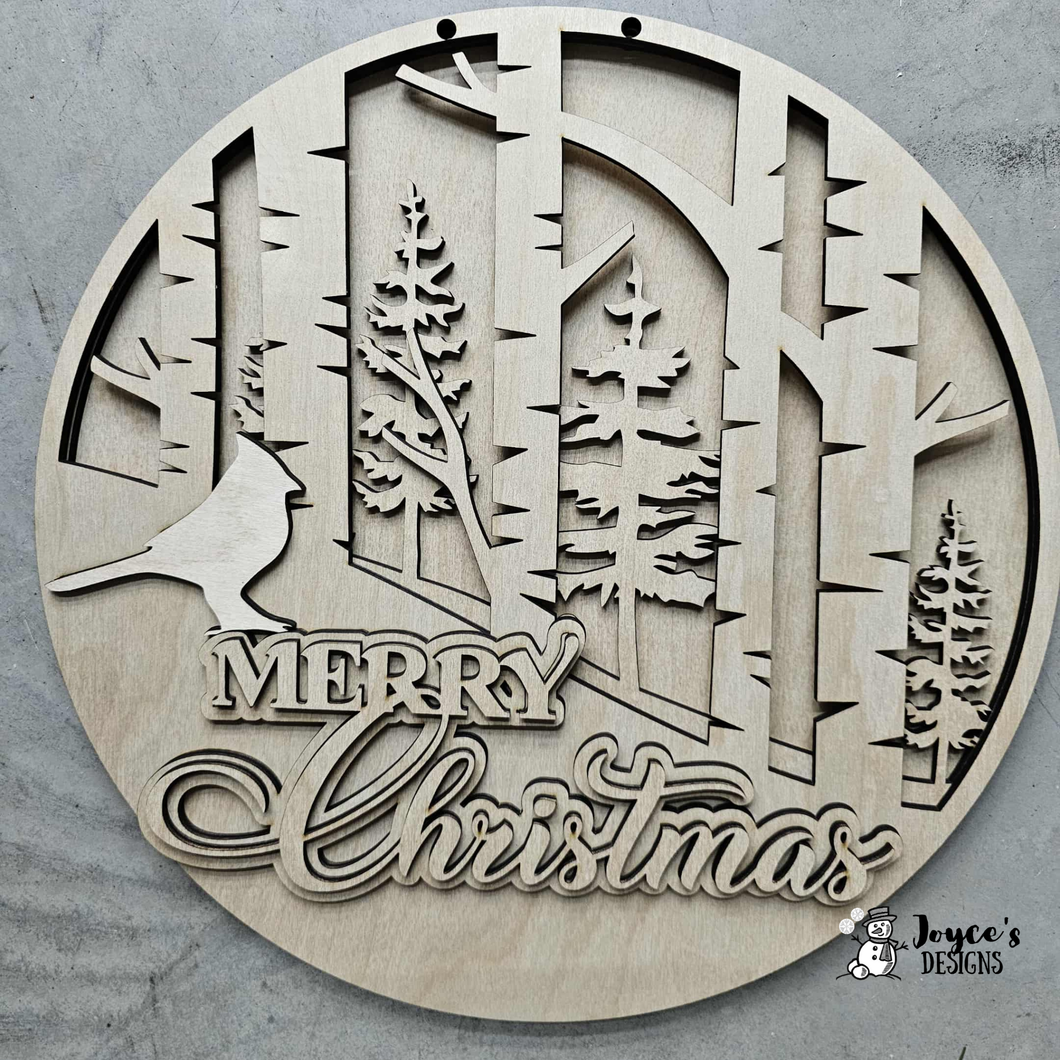 Merry Christmas Cardinal with Birch Trees doorhanger- 4 layer dimensional.
