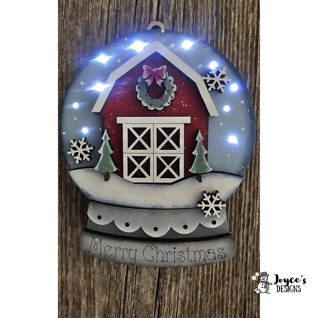 Farmhouse Barn Light-Up Snow Globe Ornament “Merry Christmas” — Fairy Light Compatible