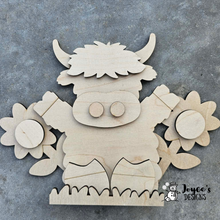 Load image into Gallery viewer, Highland Cow Shelf Sitter Wood Blank – Floral DIY Recipe Card Holder – Farmhouse Kitchen Gift

