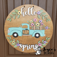 Load image into Gallery viewer, Hello Spring Antique Truck, Spring Decor, Spring Doorhanger, Easter, Welcome Door Hanger, Porch Sitter, All Season, Front Porch, Farm House, Rustic, DIY Sign
