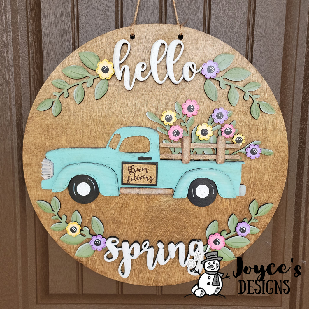 Hello Spring Antique Truck, Spring Decor, Spring Doorhanger, Easter, Welcome Door Hanger, Porch Sitter, All Season, Front Porch, Farm House, Rustic, DIY Sign