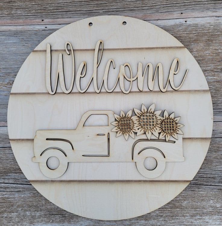 Fall Truck Sunflower Welcome Sign- Door Hanger, Porch Sitter, Pumpkins, Fall Harvest, Autumn Decor, Rustic, Wheel barrel. DIY Sign