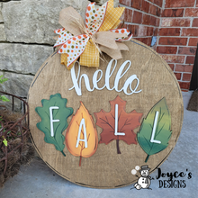 Load image into Gallery viewer, Fall Leaves, Hello Fall, Fall Welcome Sign- Door Hanger, Porch Sitter, Pumpkins, Fall Harvest, Autumn Decor, Rustic, DIY Sign
