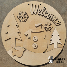 Load image into Gallery viewer, Welcome Snowman, Winter Doorhanger, Snow doorhanger, Wood Doorhanger Kit, DIY door hanger, Front Porch Winter Decor
