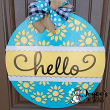 Load image into Gallery viewer, Hello Summer, Sunflower-Door Hanger, Porch Sitter, All Season, Front Porch, Farm House, Rustic, DIY Sign
